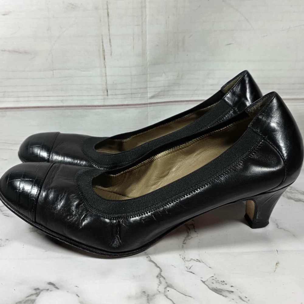 ANYI LU Payge‎ Black Leather Pumps Stretch Heel - Womens Size 39